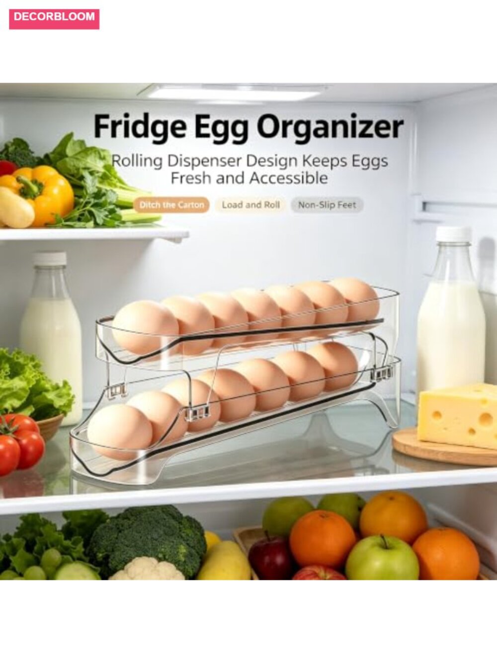 Clear 2-Tier Auto Rolling Egg Dispenser Holder for Fridge, Space Saving, - Picture 5 of 6